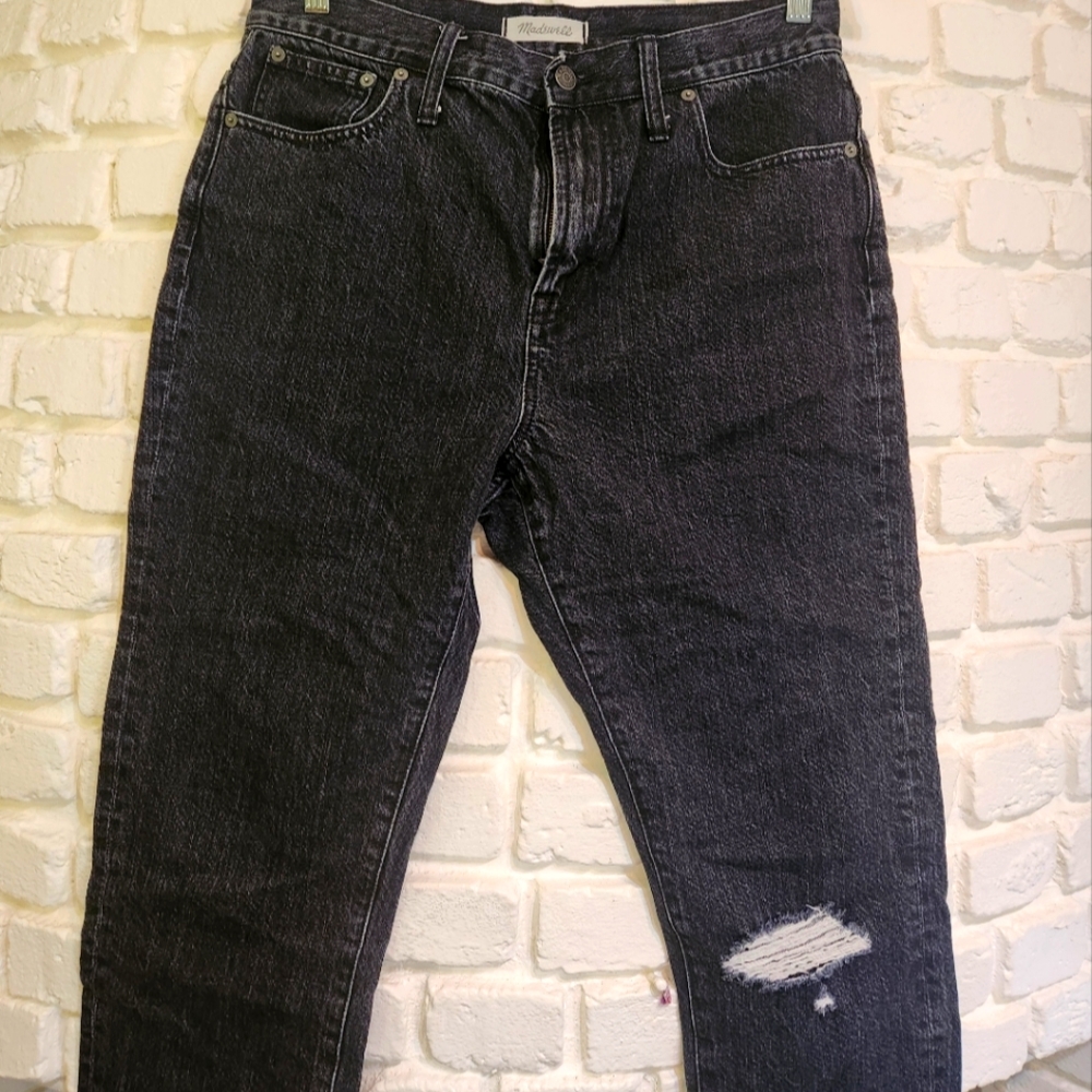 Madewell Straight Leg Jeans in Washed Black with Distressed Knee